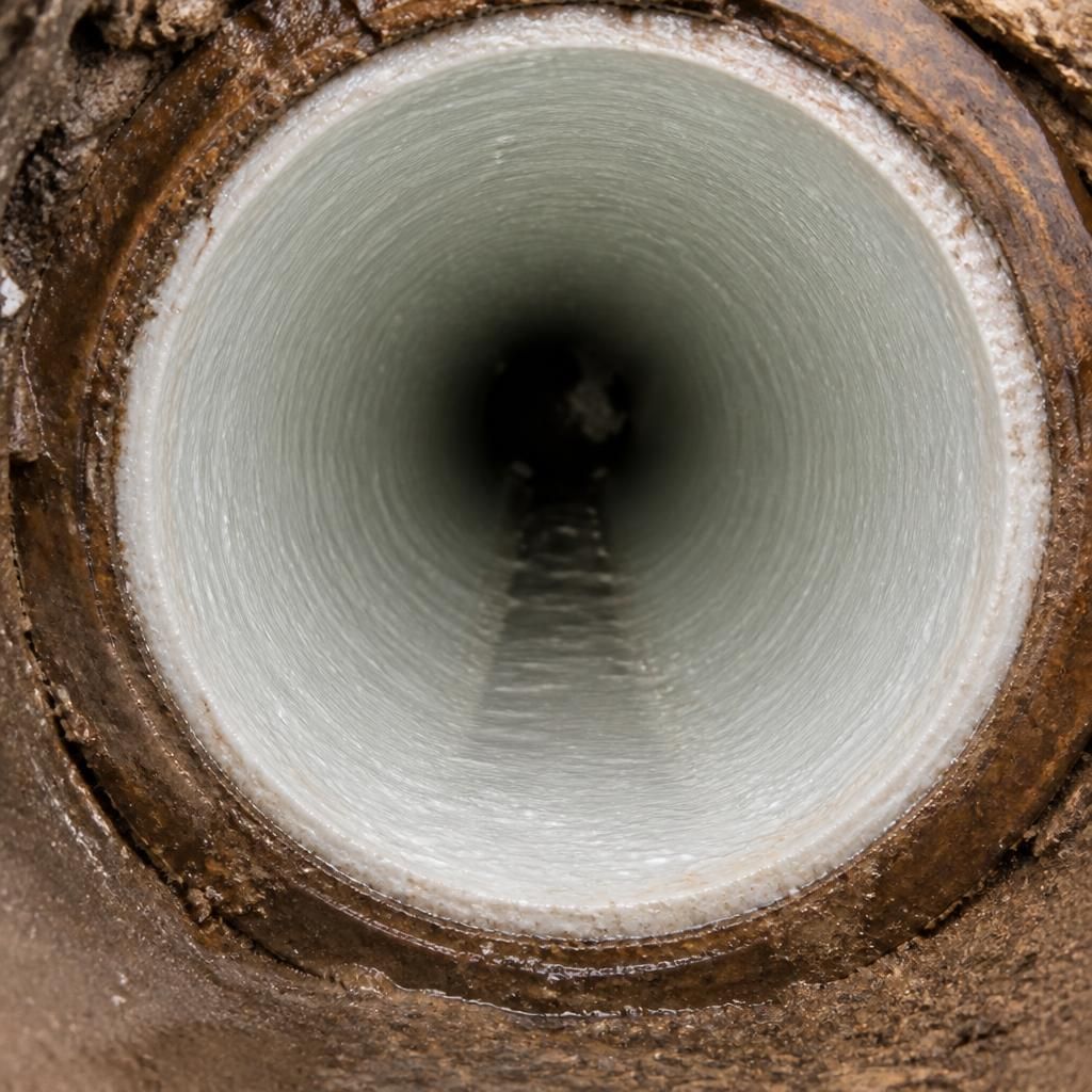 Cured resin liner inside a damaged underground drain pipe