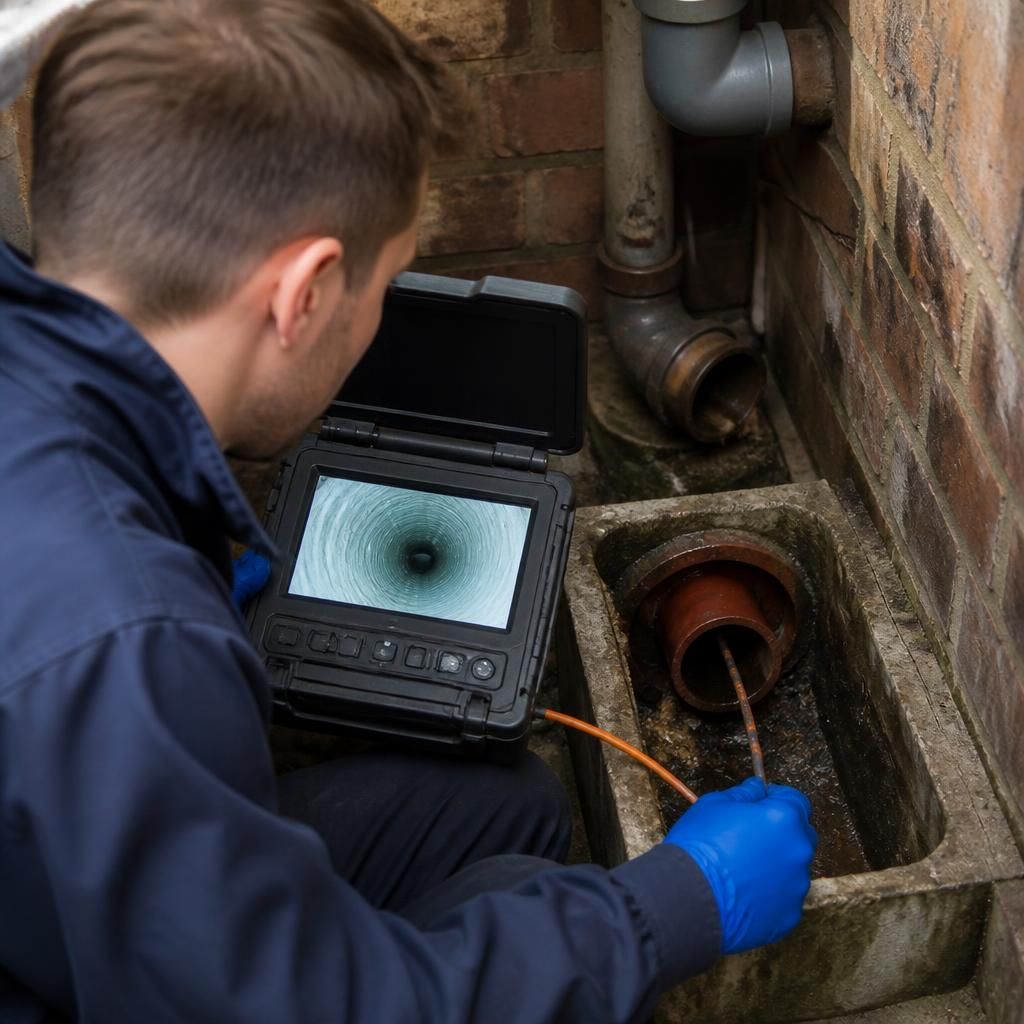Plumber examining a relined drain pipe with CCTV inspection equipment