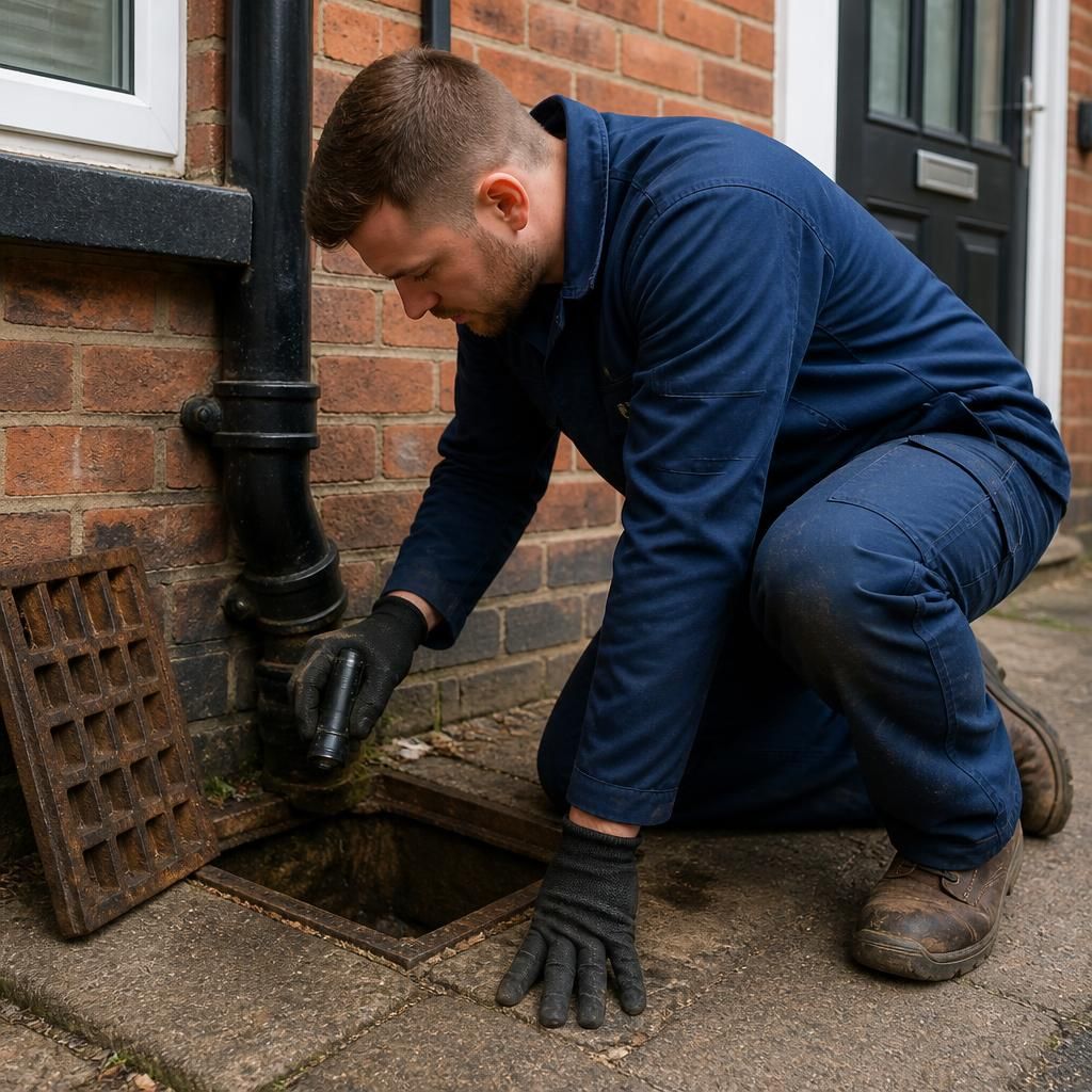 Plumber inspecting a drain access point outside a rented home