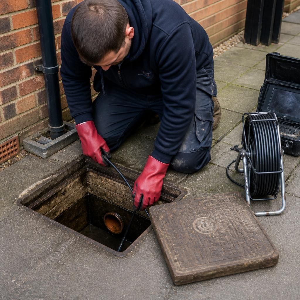 Plumber inspecting an underground drain through an open inspection chamber