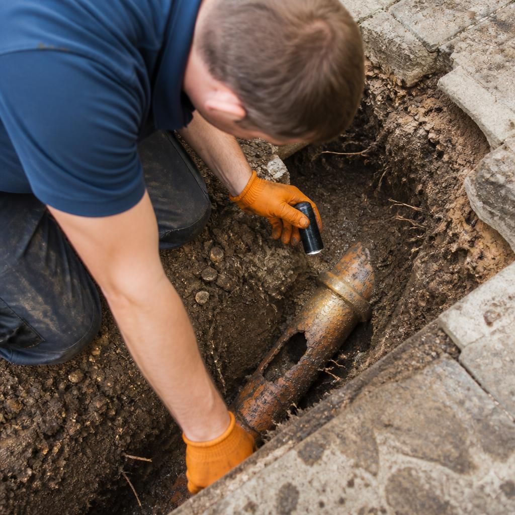 Plumber inspecting an exposed underground drainage pipe during a repair