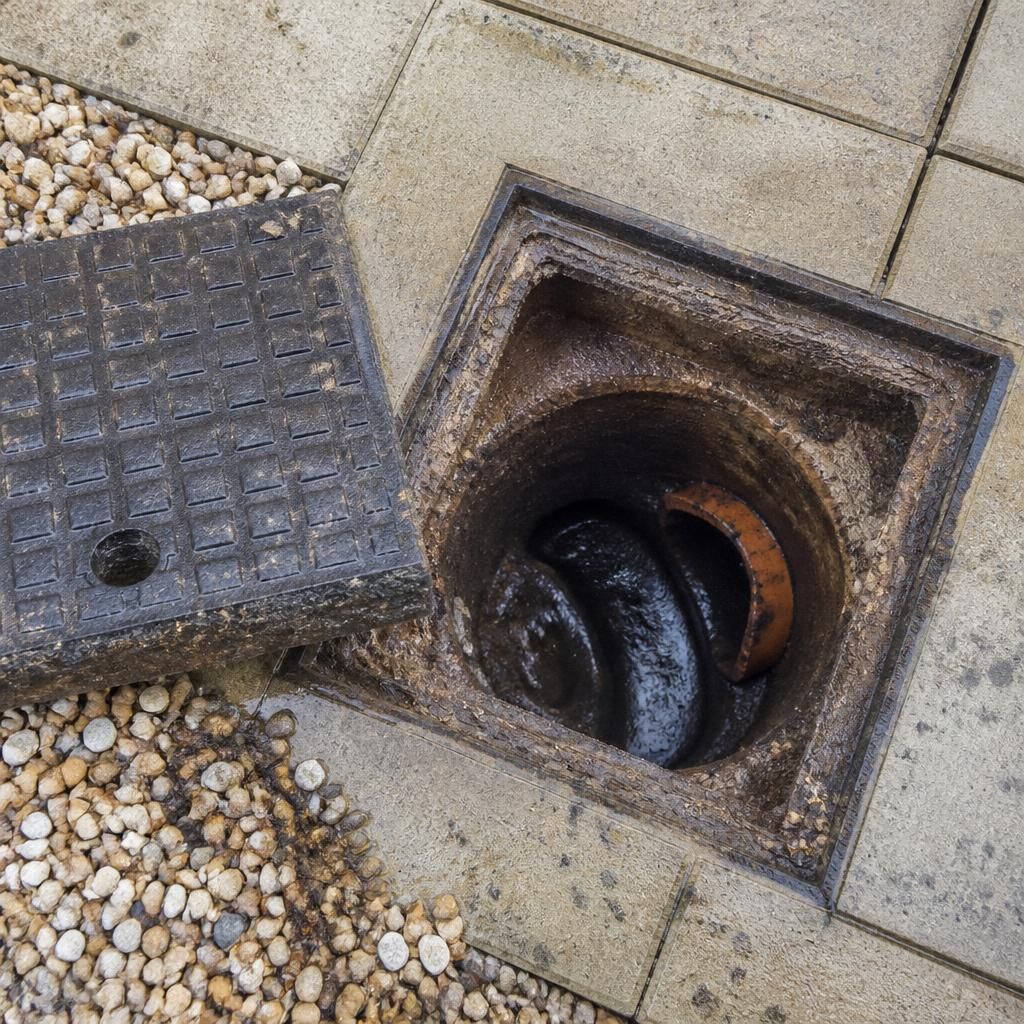 Open drain inspection chamber with its access cover removed beside paved ground
