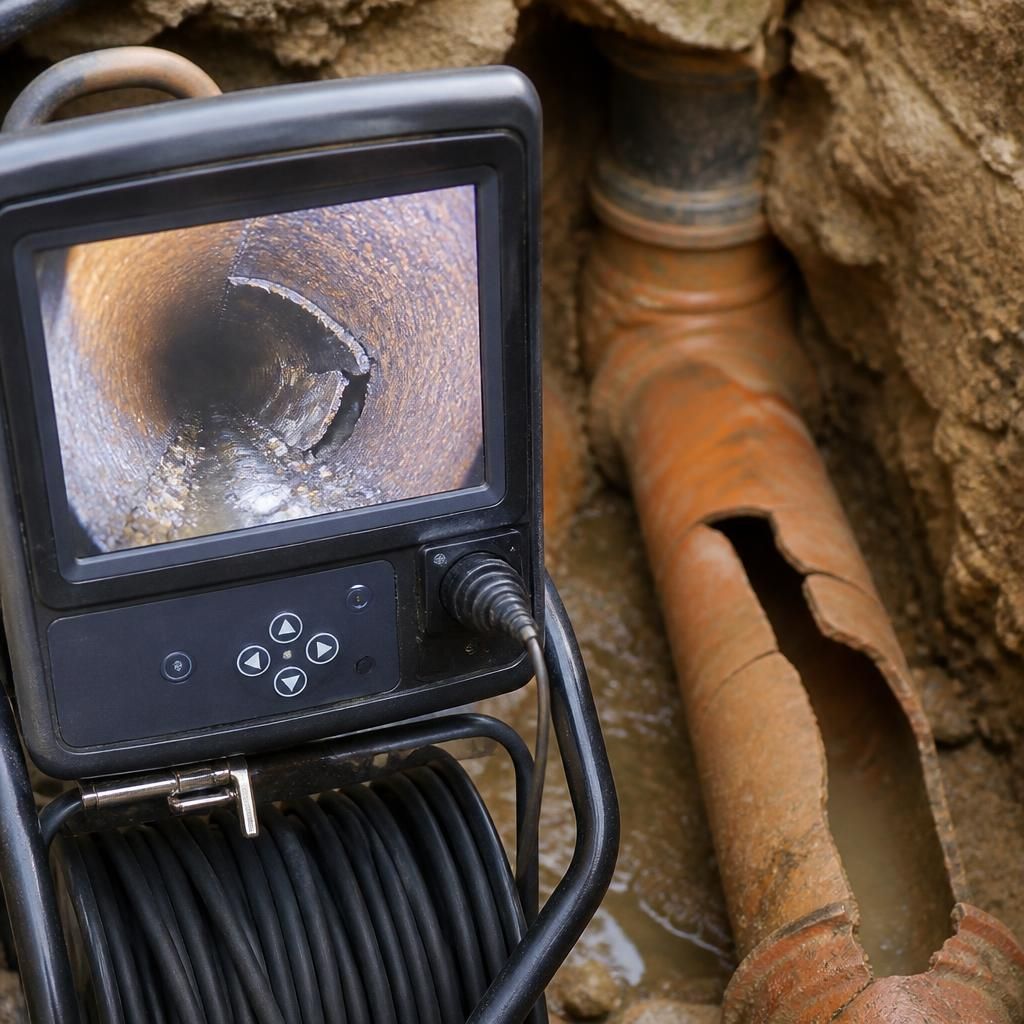 CCTV drain inspection camera showing a damaged sewer pipe inside an underground line