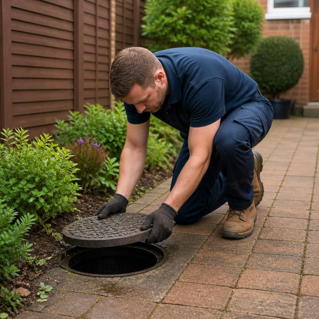 Plumber lifting an inspection chamber cover beside a paved garden path