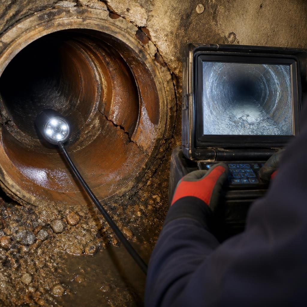 CCTV camera inspecting a damaged underground sewer pipe