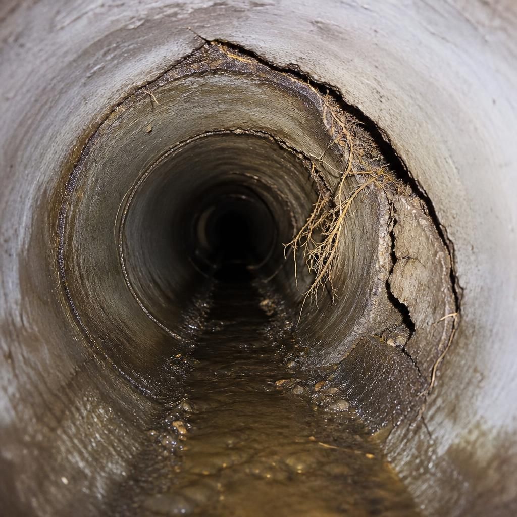 CCTV camera view showing cracks and root intrusion inside a sewer pipe