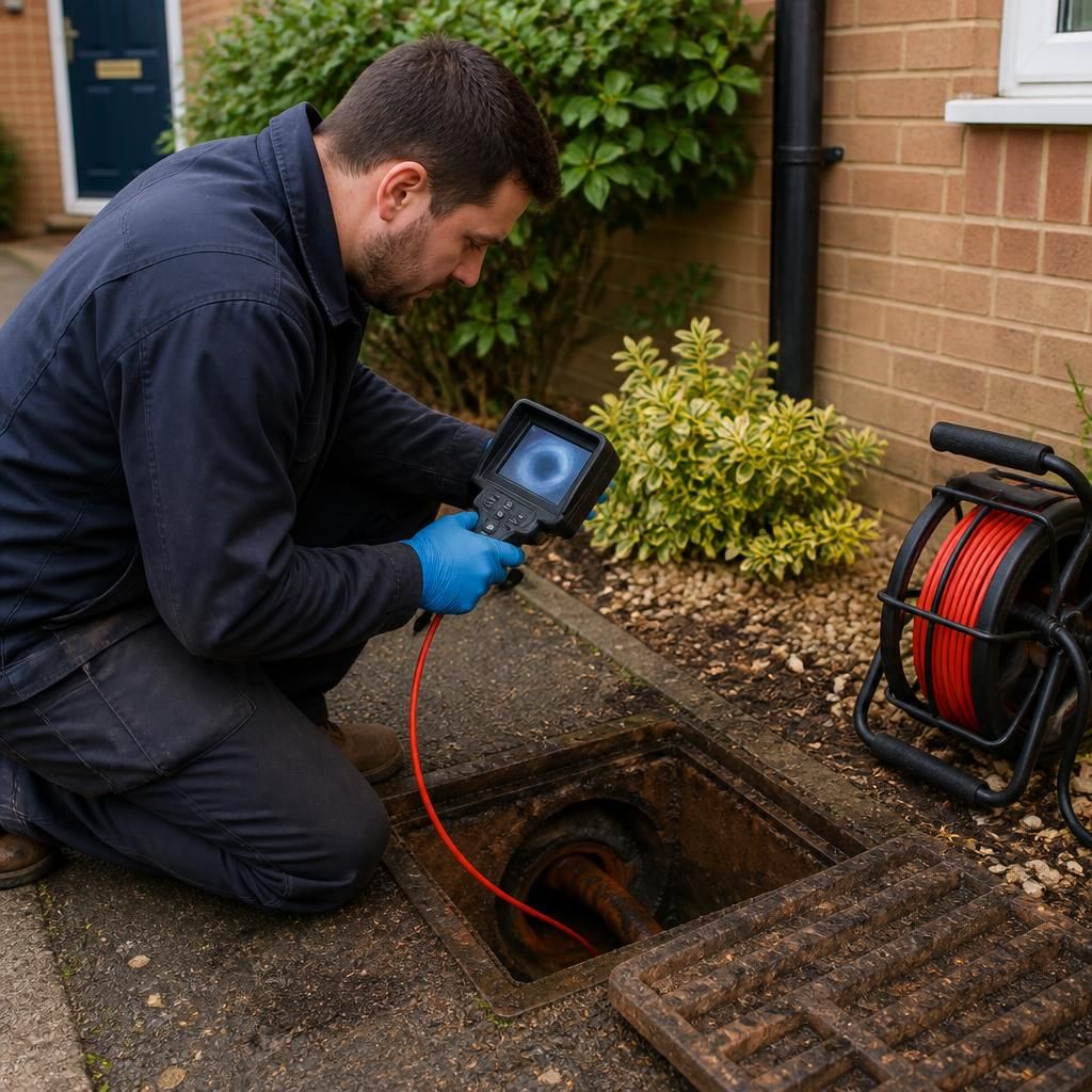 Engineer using a drain camera to inspect an underground sewer pipe