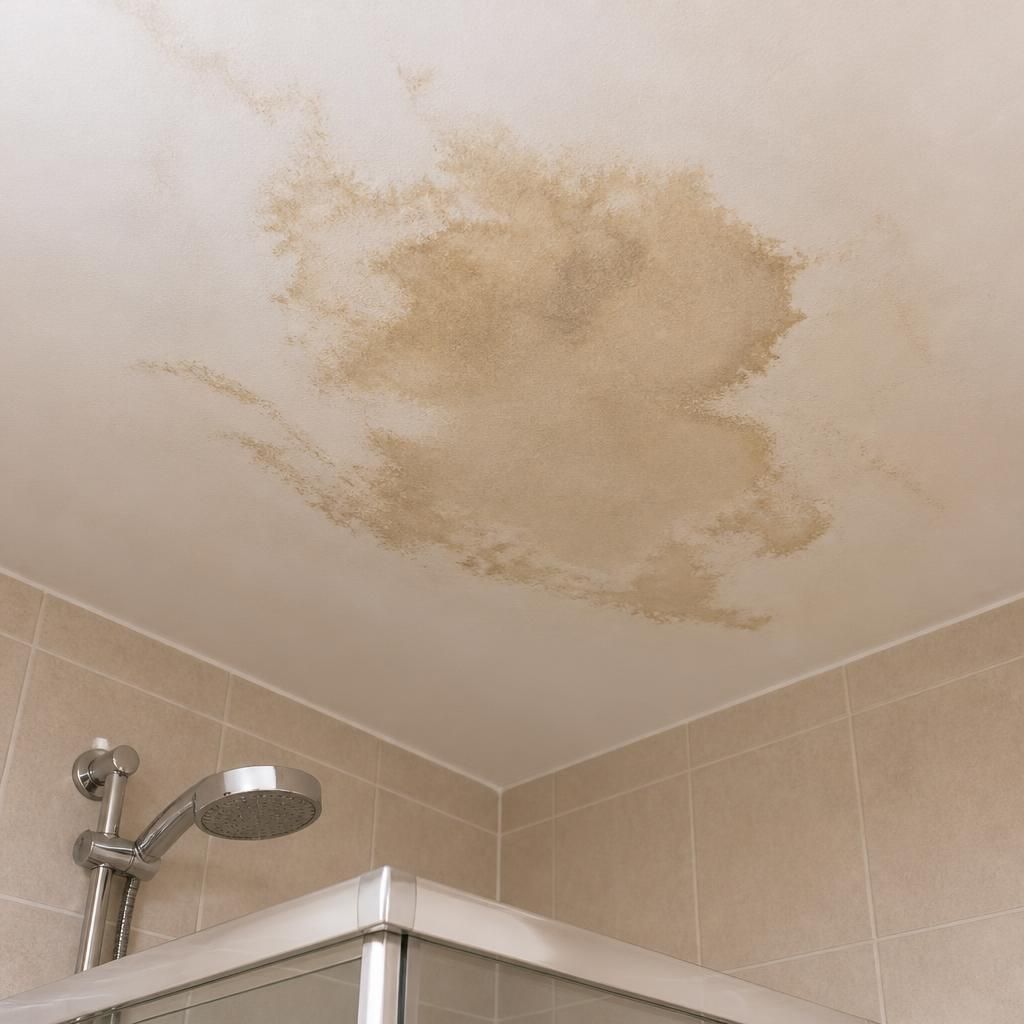 Water-stained ceiling beneath a bathroom with a visible damp patch