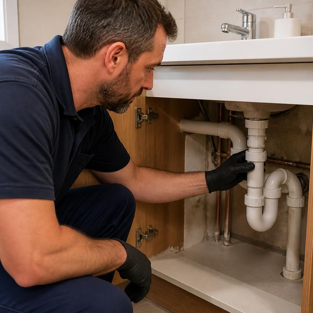Plumber inspecting exposed waste pipework beneath a bathroom sink