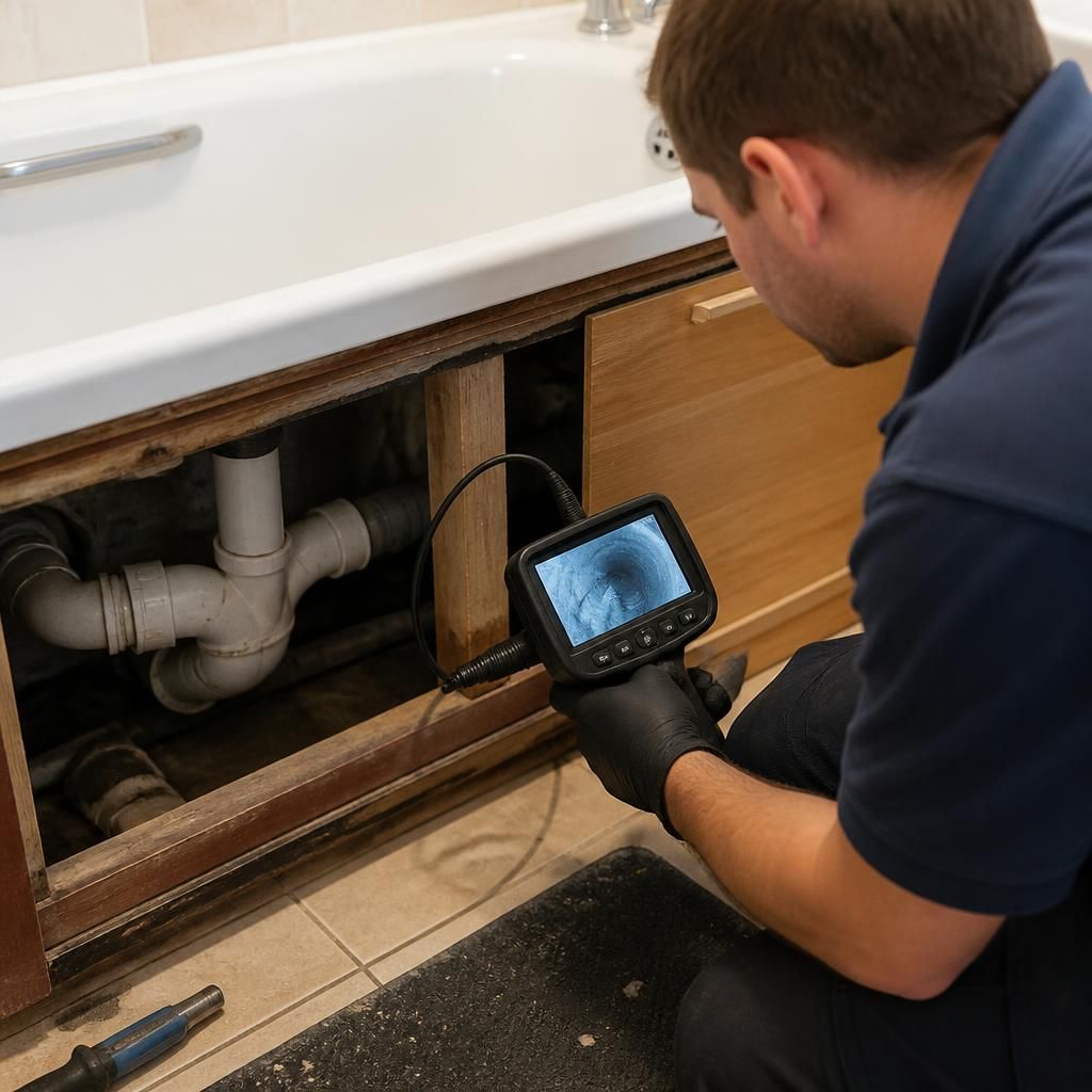 Plumber inspecting an exposed waste pipe beneath a removable bath panel