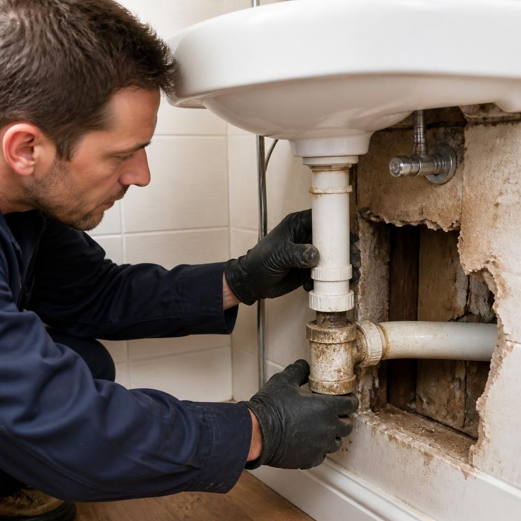 Plumber inspecting a damaged soil pipe connection beneath a bathroom basin