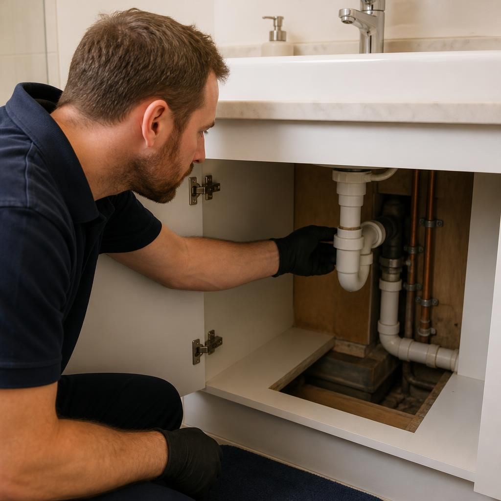 Plumber inspecting an exposed waste pipe beneath a bathroom basin
