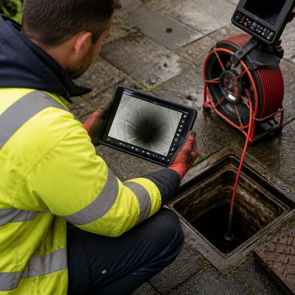 Plumber reviewing CCTV drain inspection footage on a tablet beside an access chamber