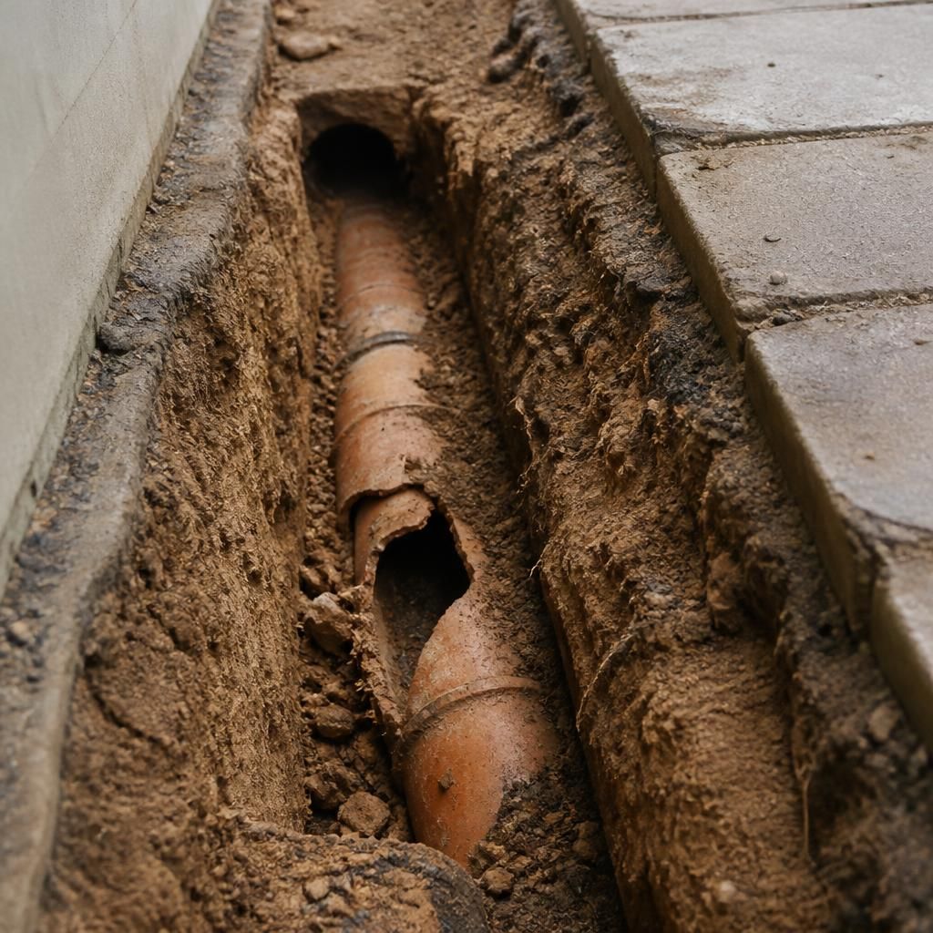 Exposed damaged drain pipe in a narrow trench beside paving