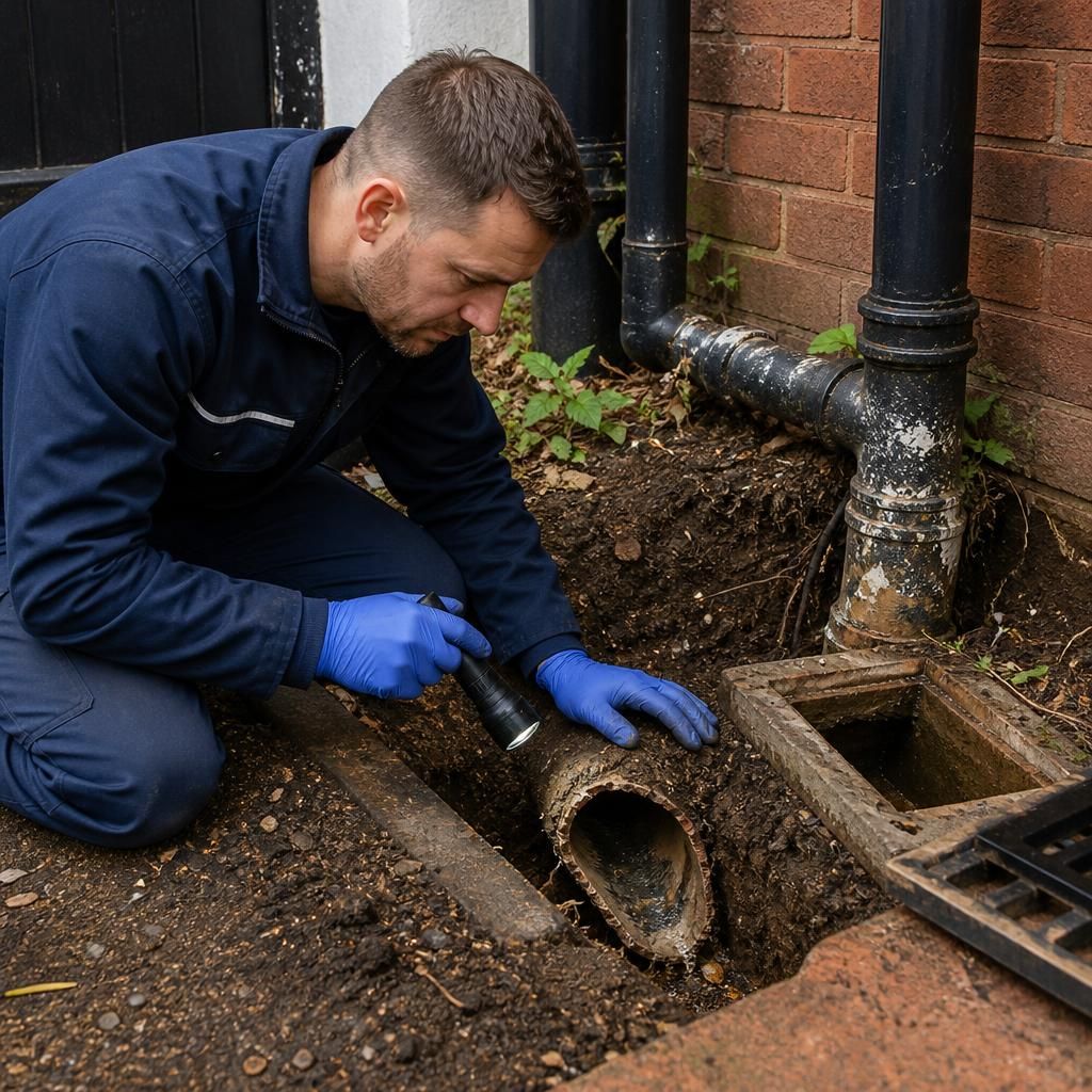 Plumber inspecting a damaged drain before repair or relining