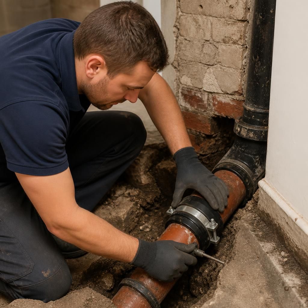 Plumber carrying out a targeted repair to accessible drainage pipework