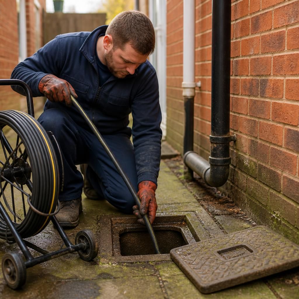 Plumber using drain rods at a residential inspection point