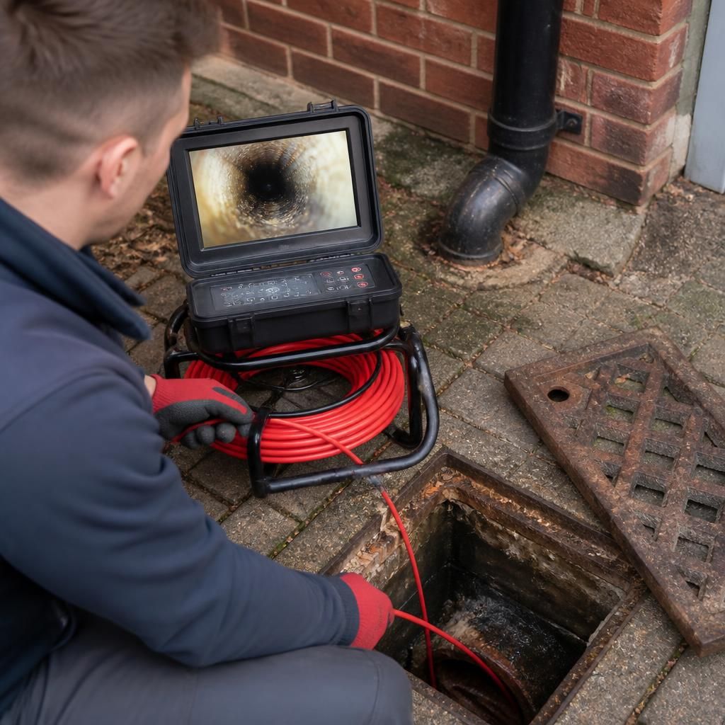 Plumber using a drain camera inspection monitor beside an open access chamber