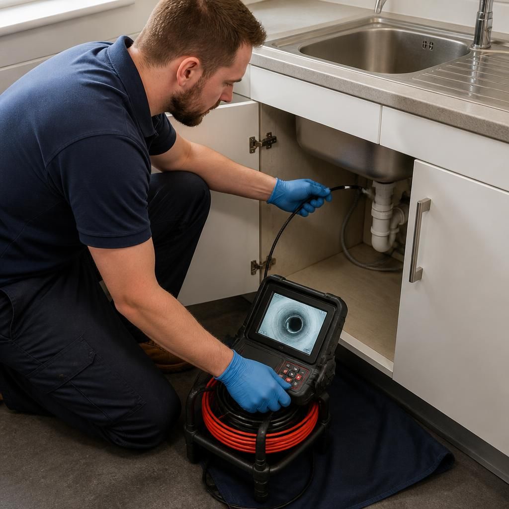 Plumber using a drain inspection camera beside a household sink