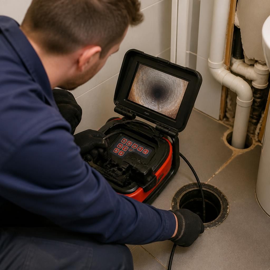 Plumber using a drain inspection camera inside a domestic pipe