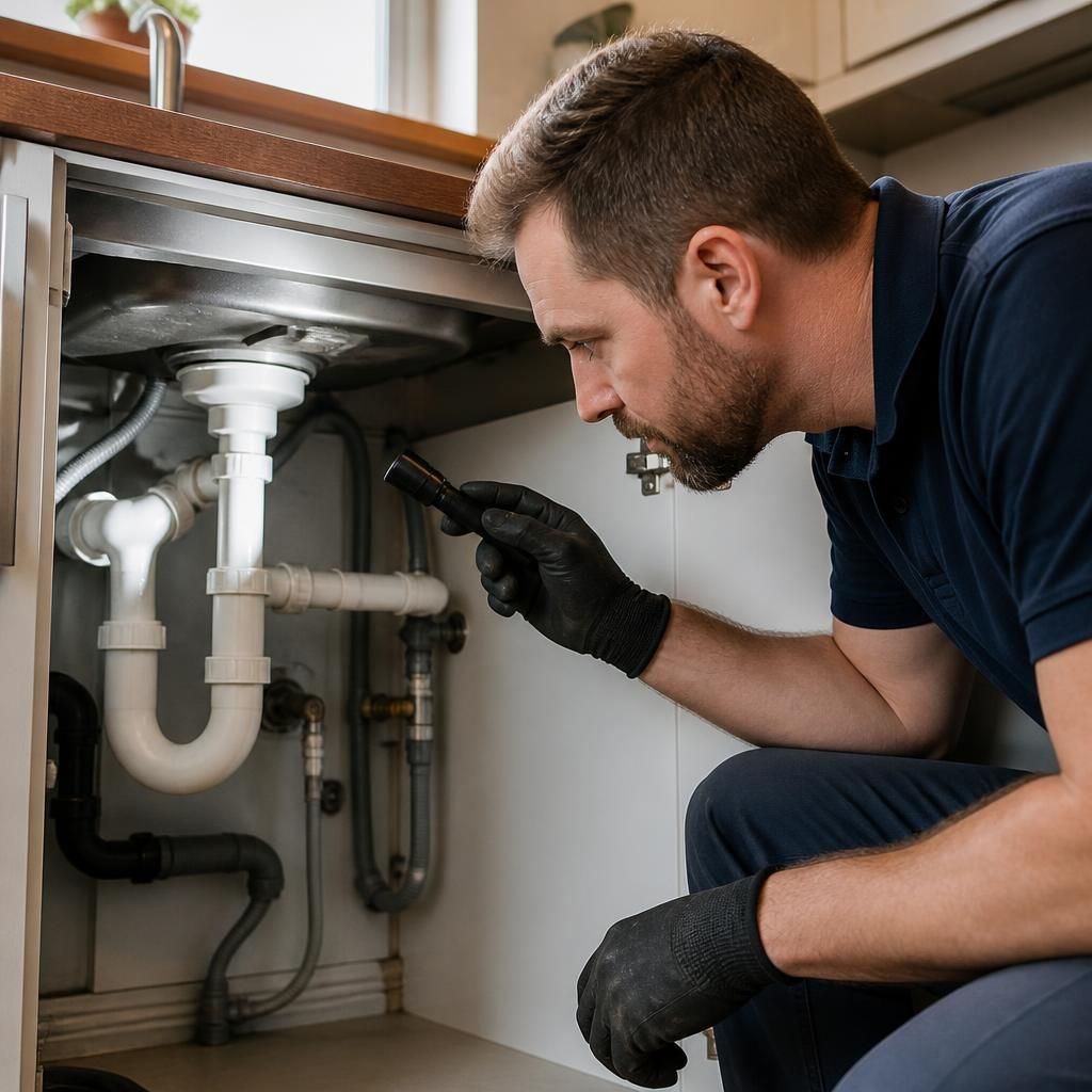 Plumber examining pipes beneath a kitchen sink with nearby drainage connections visible