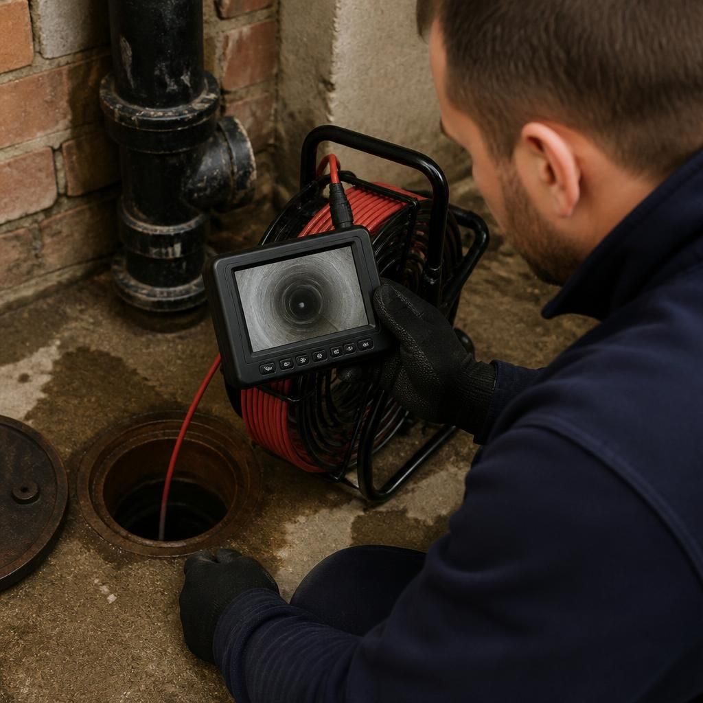 Plumber using a drain inspection camera inside a blocked pipe