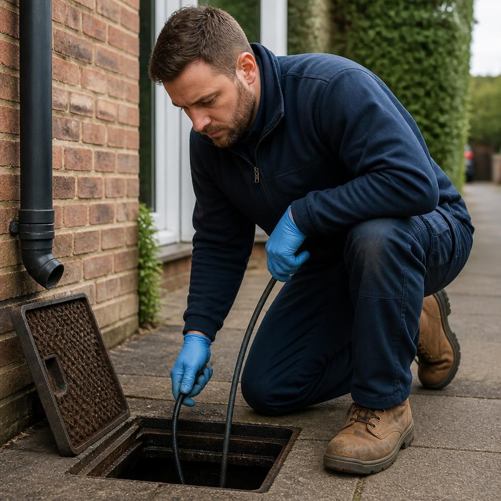 Plumber inspecting an outdoor drain beside a residential property
