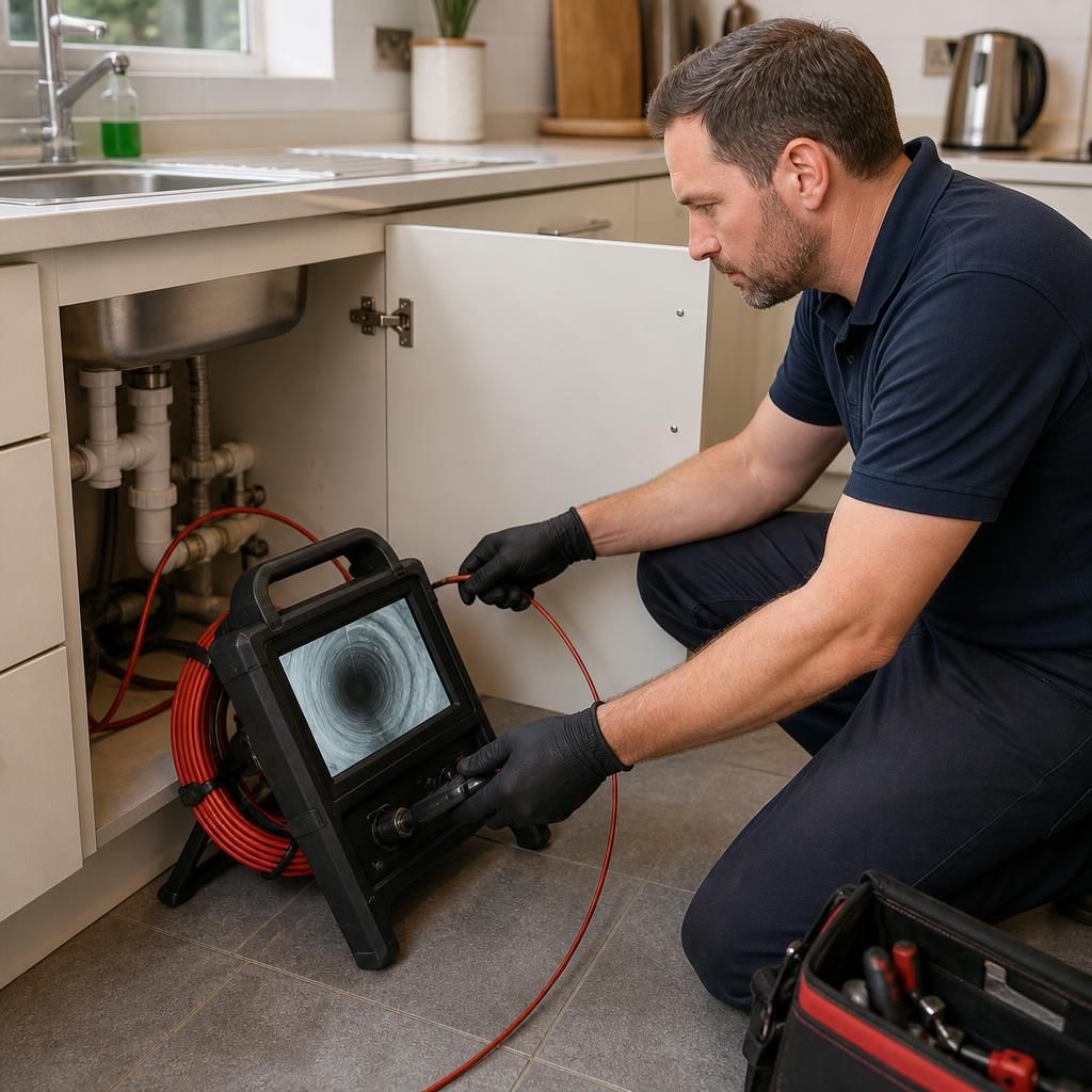 Plumber using inspection equipment to trace a concealed leak beneath a kitchen sink