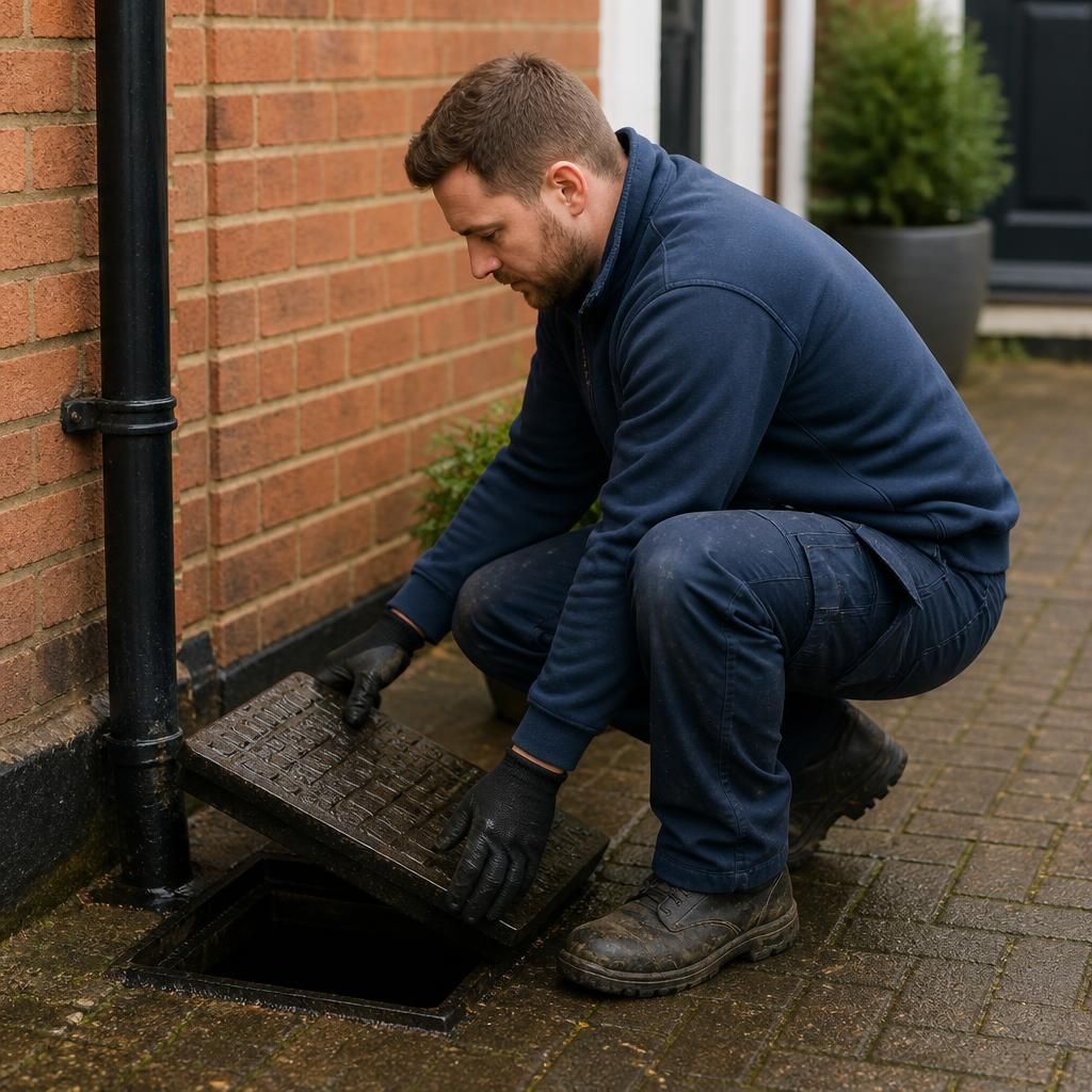 Plumber lifting a drain cover beside a residential property