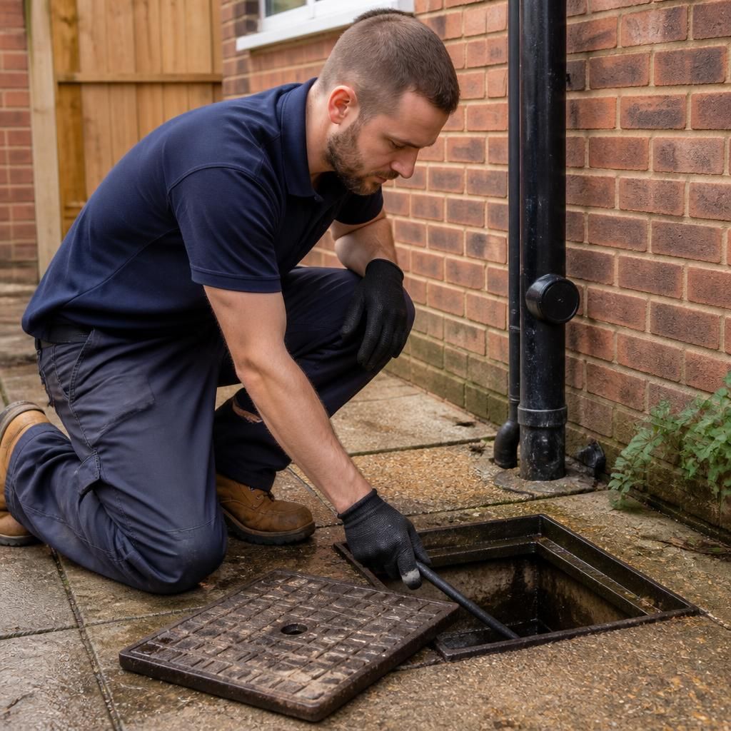 Plumber inspecting an external drain at a rental property
