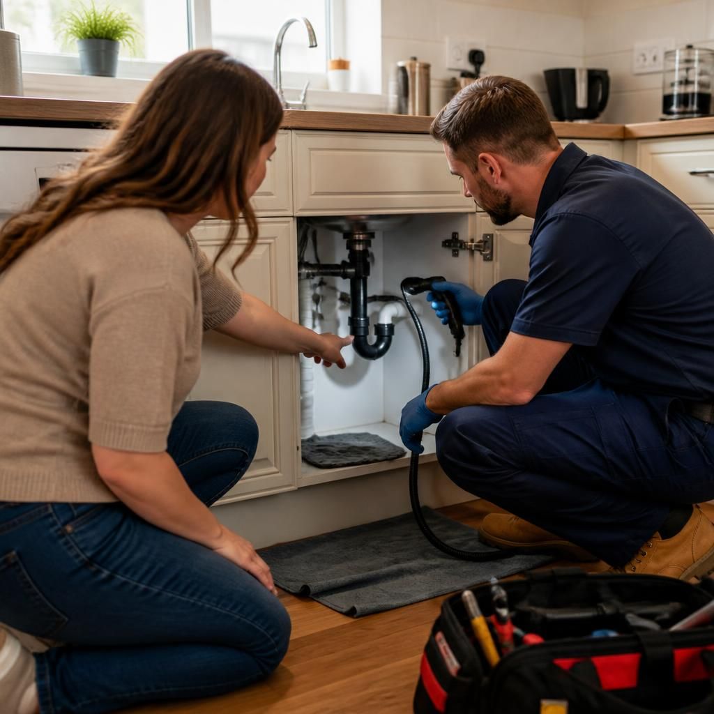 Tenant showing a plumber a blocked household drain