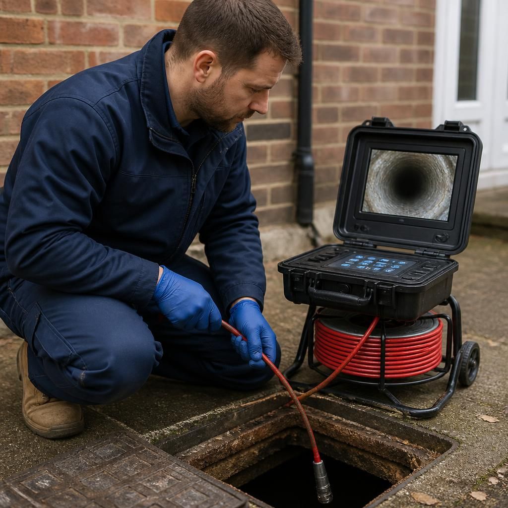 Plumber inspecting an underground drain with a camera survey system