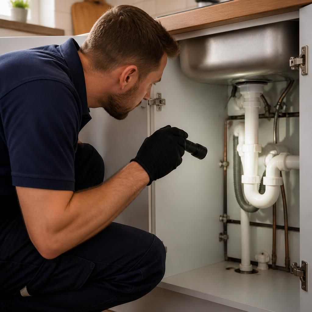 Plumber checking pipework beneath a kitchen sink during a drain inspection