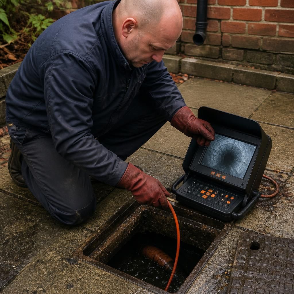 Engineer using drain-cleaning equipment at an external inspection chamber