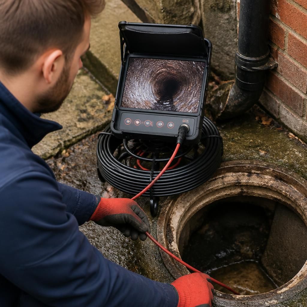Drain inspection camera viewing a blockage inside an underground sewer pipe