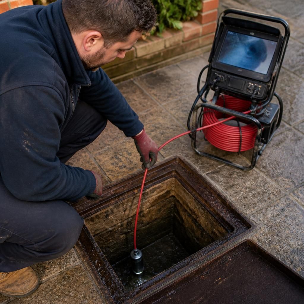 Plumber inspecting a sewer drain chamber with specialist equipment
