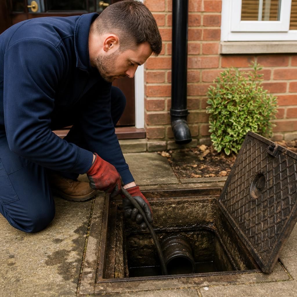 Plumber inspecting a domestic sewer drain through an external inspection chamber