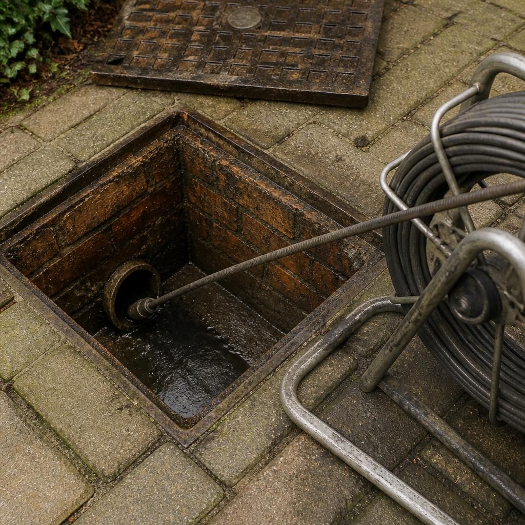 Open inspection chamber with a drain cleaning rod positioned beside it