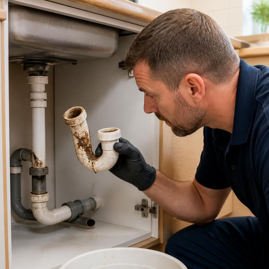 Plumber examining a blocked pipe beneath a kitchen sink