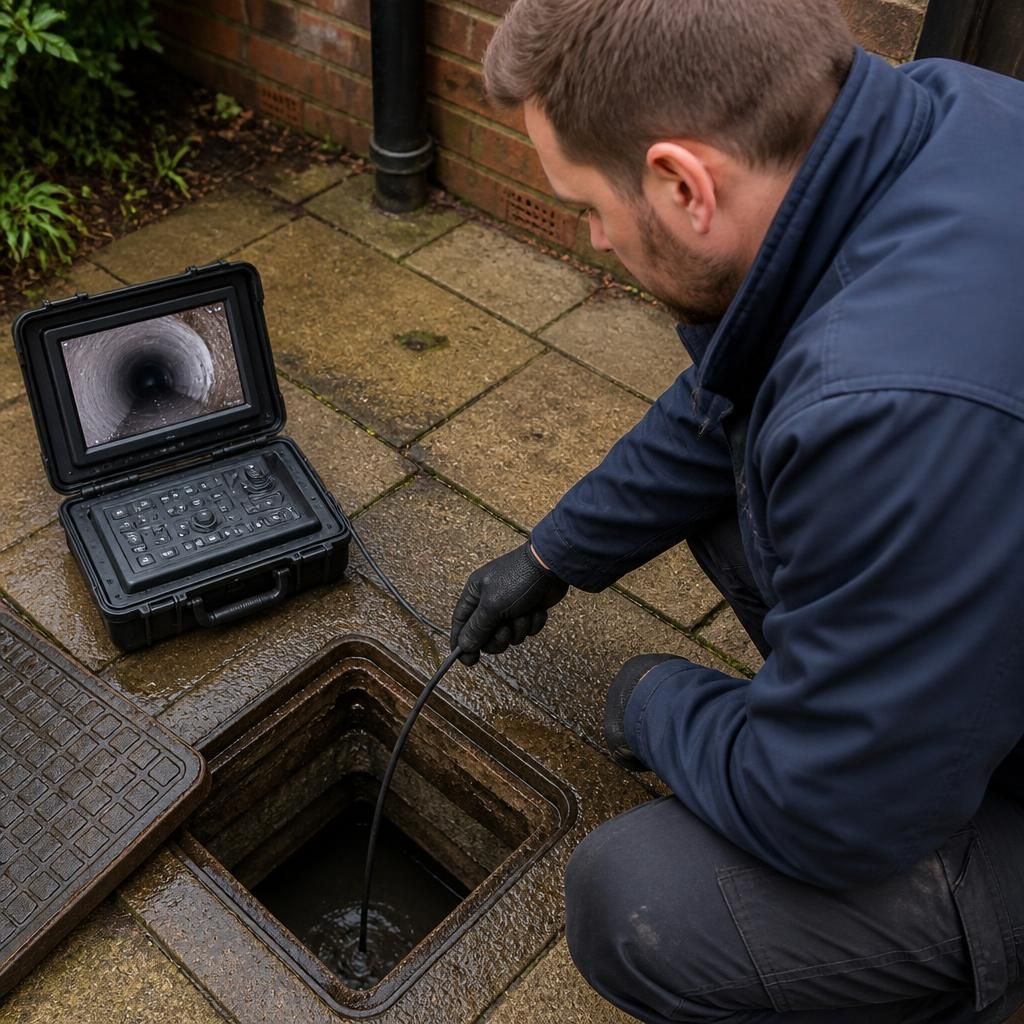 Technician guiding a CCTV camera through an open drain inspection chamber