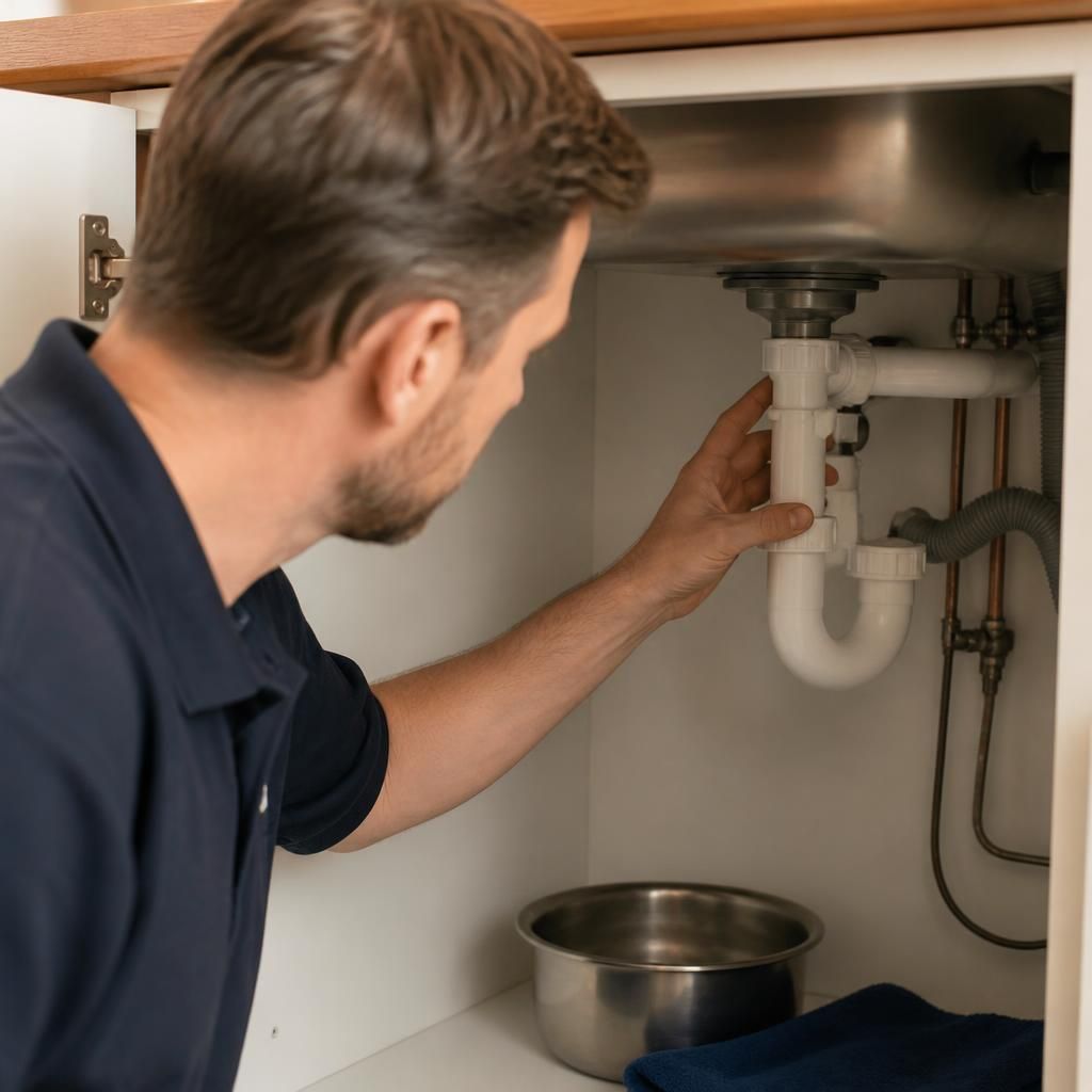 Plumber examining a repaired pipe joint beneath a kitchen sink