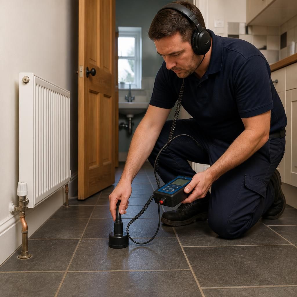 Plumber using acoustic equipment to locate a concealed pipe leak