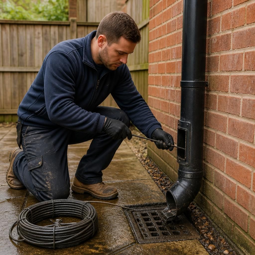 Technician using a drain rod to clear a downpipe from ground level