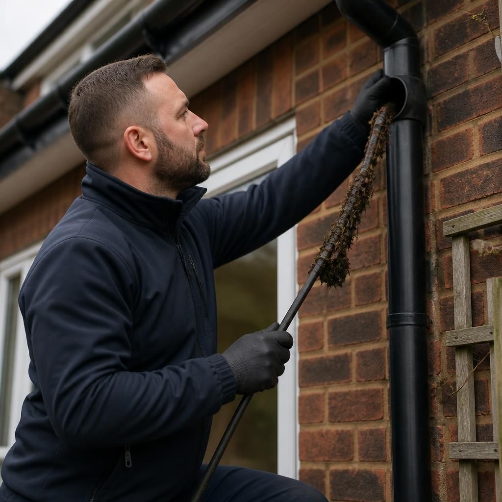 Plumber using a drain rod to clear debris from a blocked downpipe