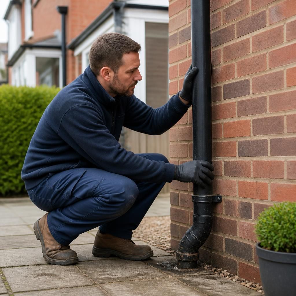 Technician inspecting a rainwater downpipe beside a residential building