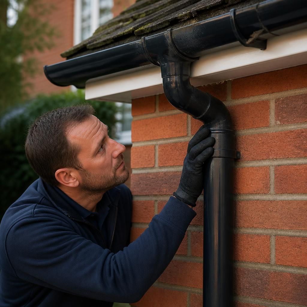 Plumber inspecting a gutter joint and downpipe connection beside a brick house