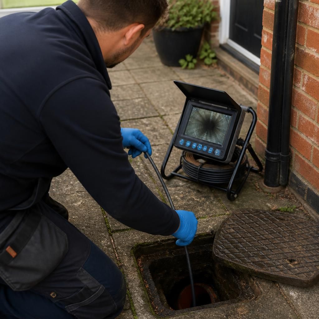 Plumber using a CCTV camera to inspect a household drain