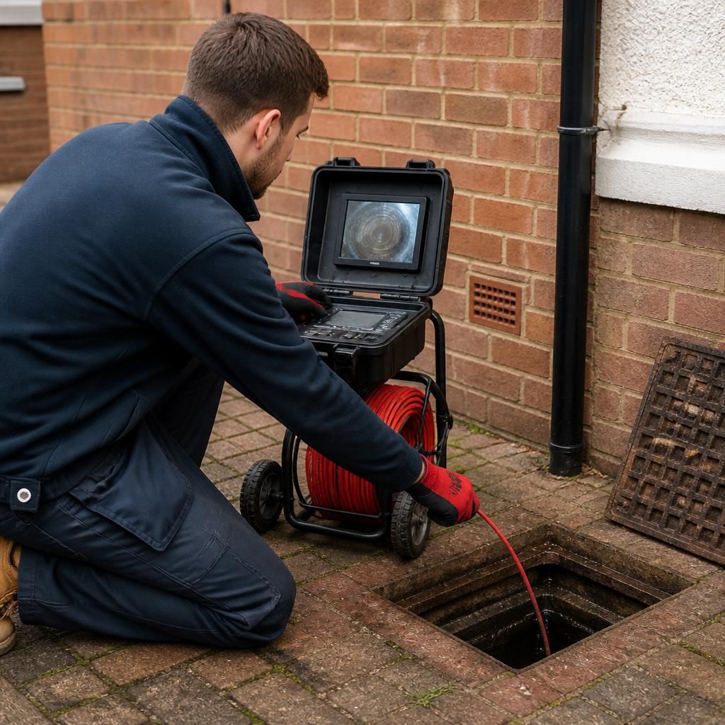 Plumber using a drain inspection camera to examine a household pipe