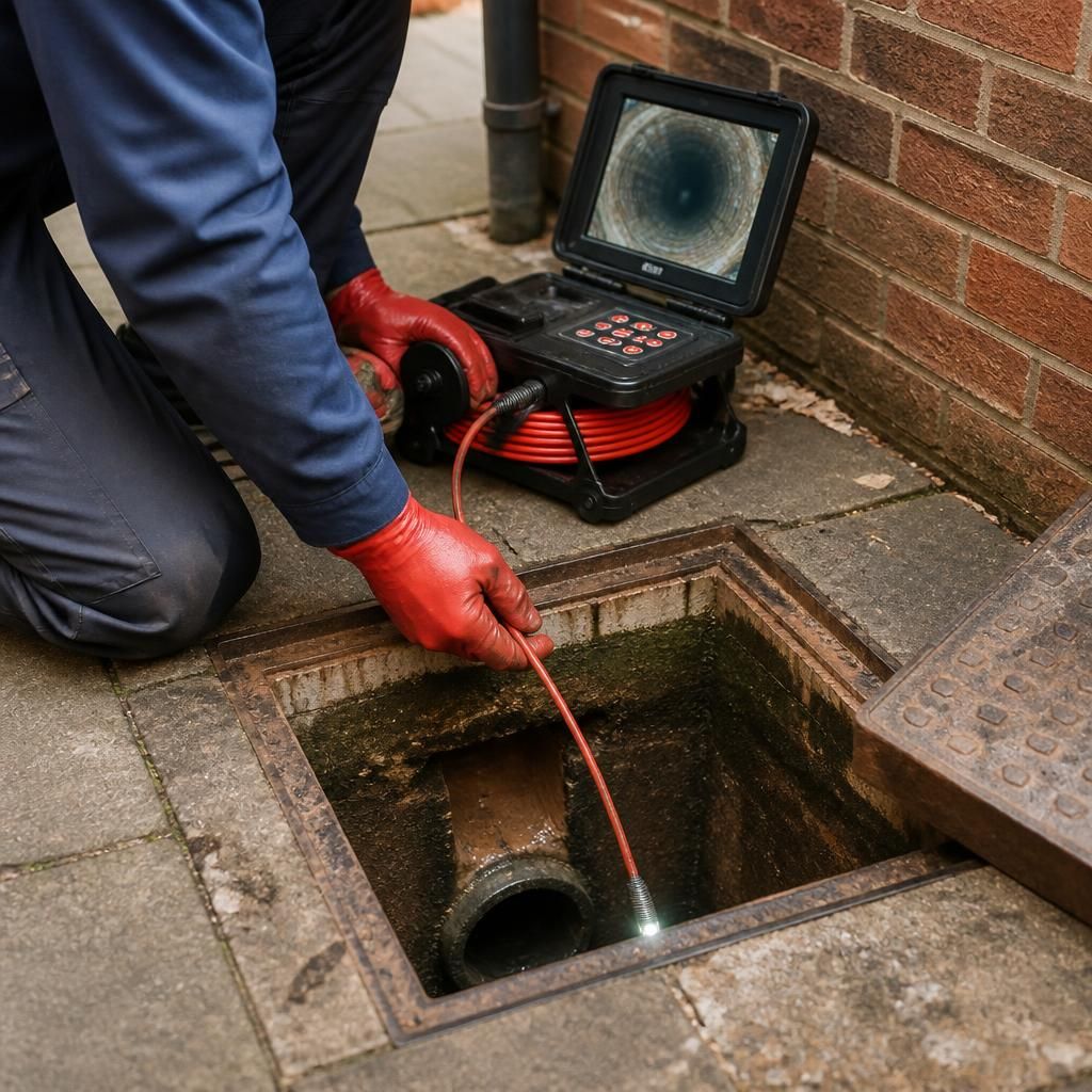 CCTV drain camera being guided through a household inspection chamber
