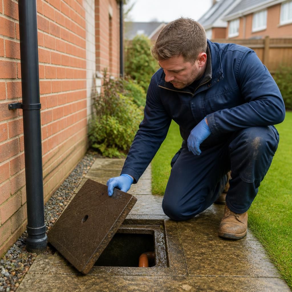Plumber checking an inspection chamber cover beside a house